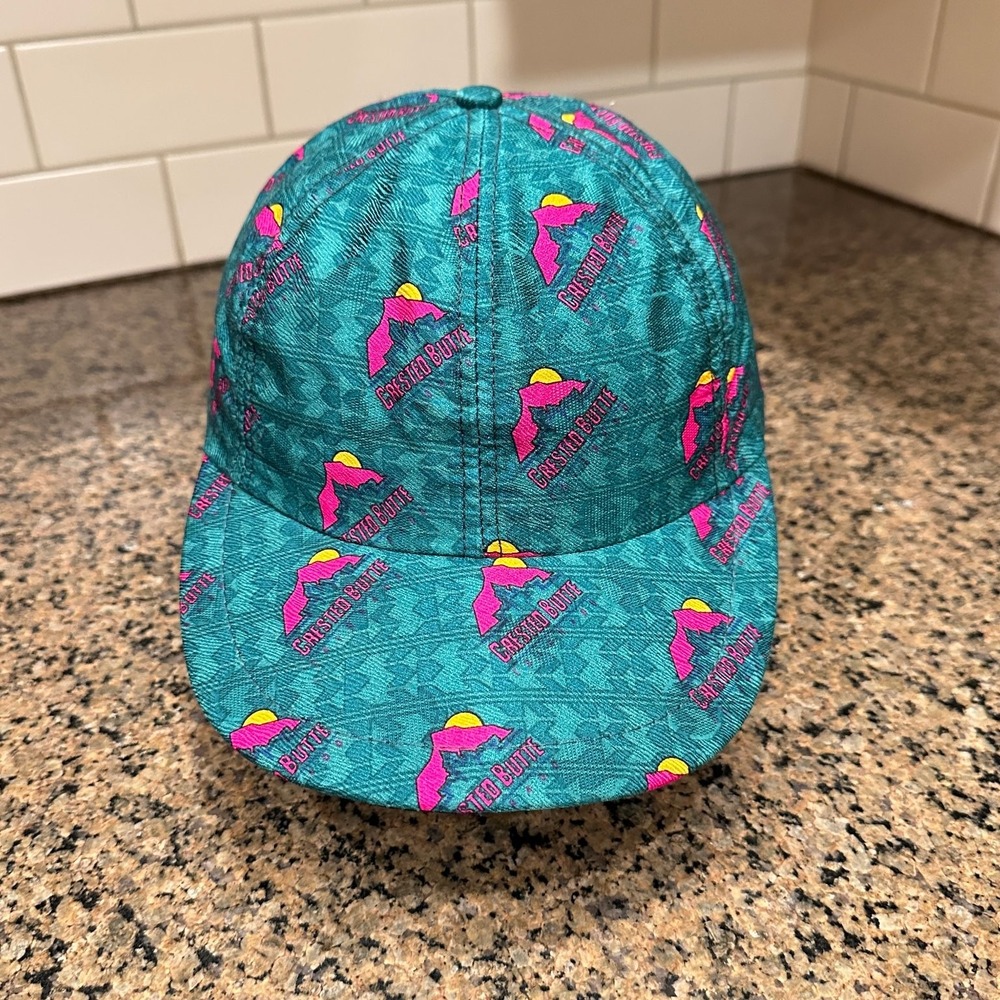 Vtg Merge Left Crested Butte Baseball Cap Snapback Teal Pink Silk Made in USA